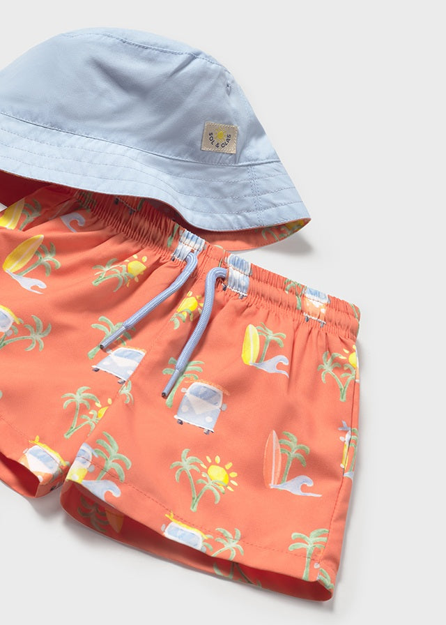 Coral Swim Shorts and Bucket Hat - Select Size