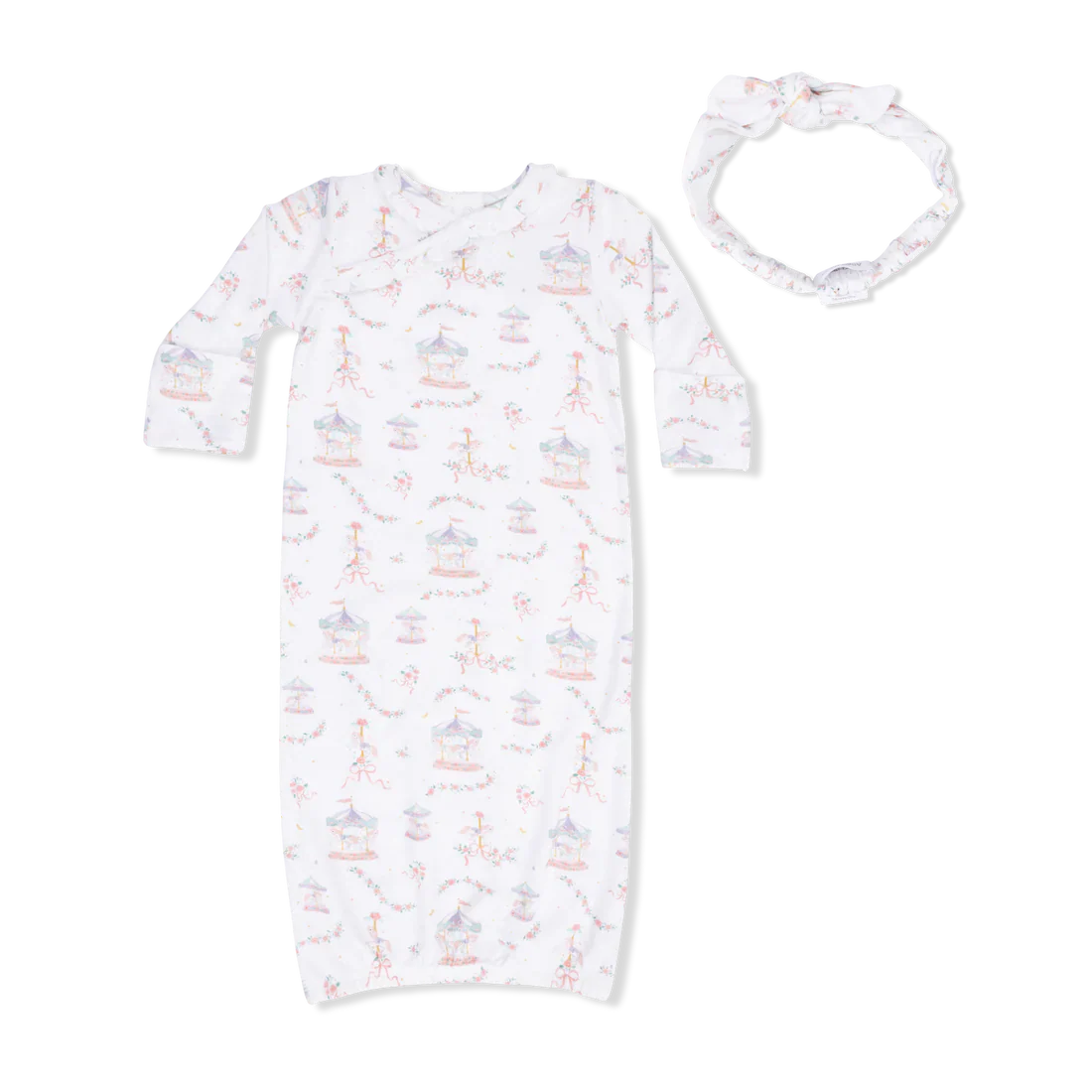Carousel w/Bows Kimono Gown and Headband 0-3M