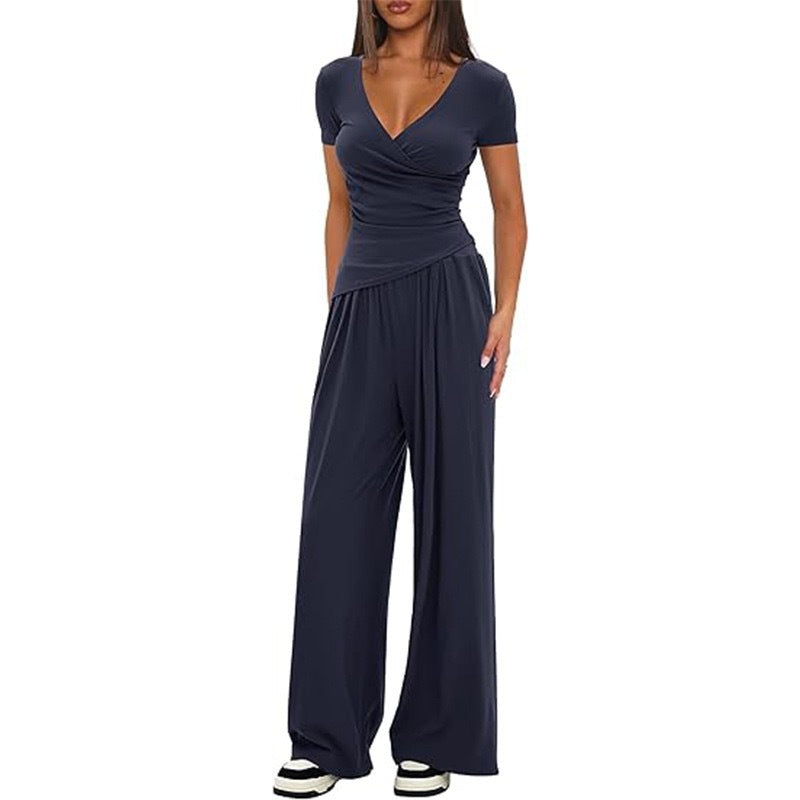 2 Pieces Women's V Neck Short-sleeve Sportswear Top And Wide-leg Pants Set Casual Comfortable Outfit Set For Daily Wear Gym Sports Outfit
