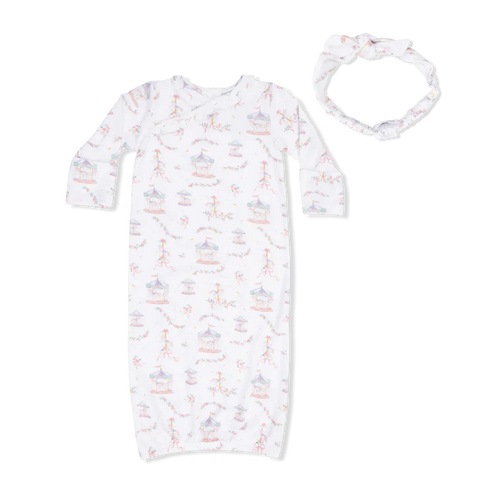 Carousel w/Bows Kimono Gown and Headband 0-3M