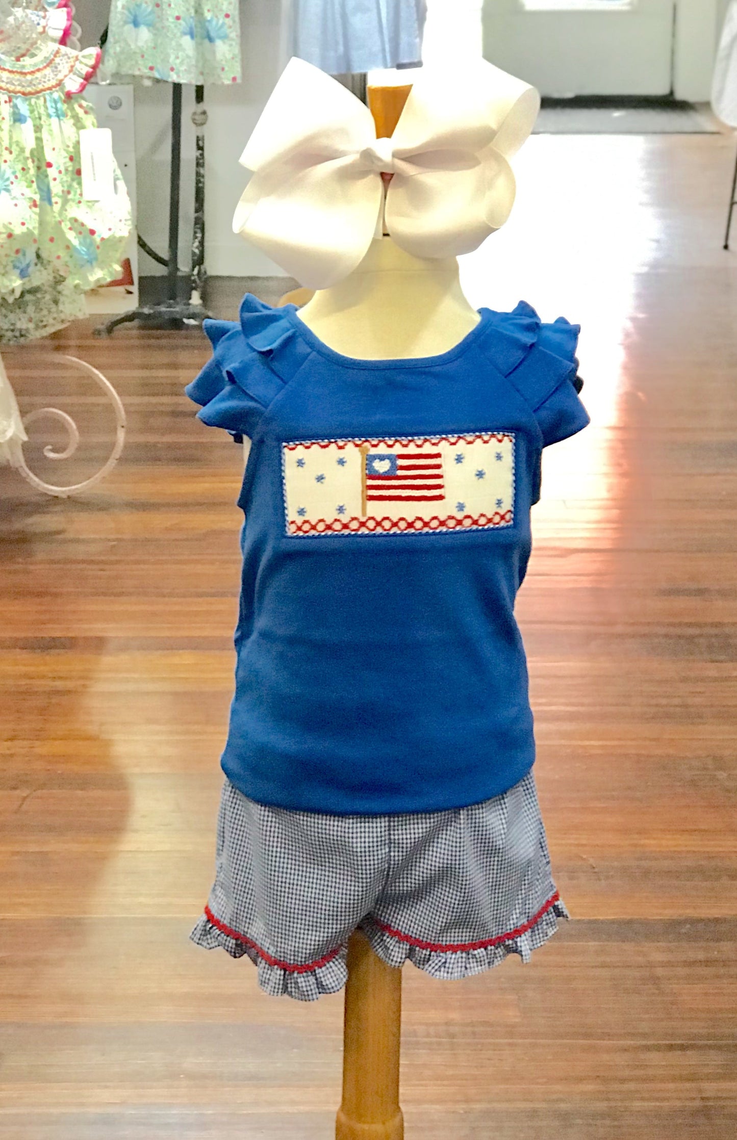 Americana Smocked Ruffle Sleeve Tee & Royal Check Short Set - Select Size