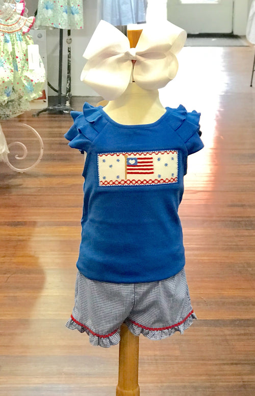 Americana Smocked Ruffle Sleeve Tee & Royal Check Short Set - Select Size