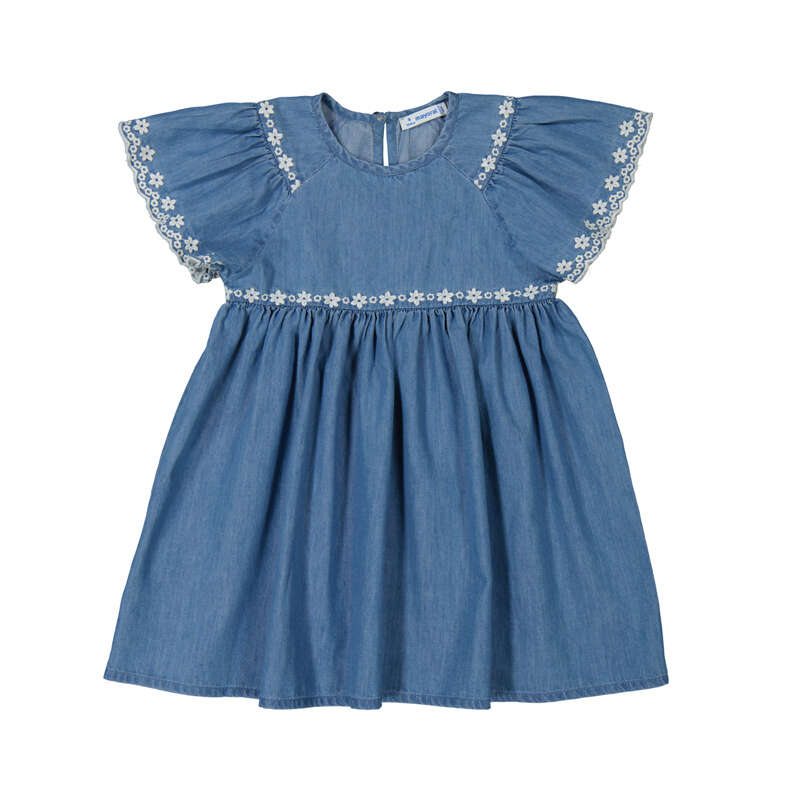 Denim Floral Embroidered Dress - Select Size