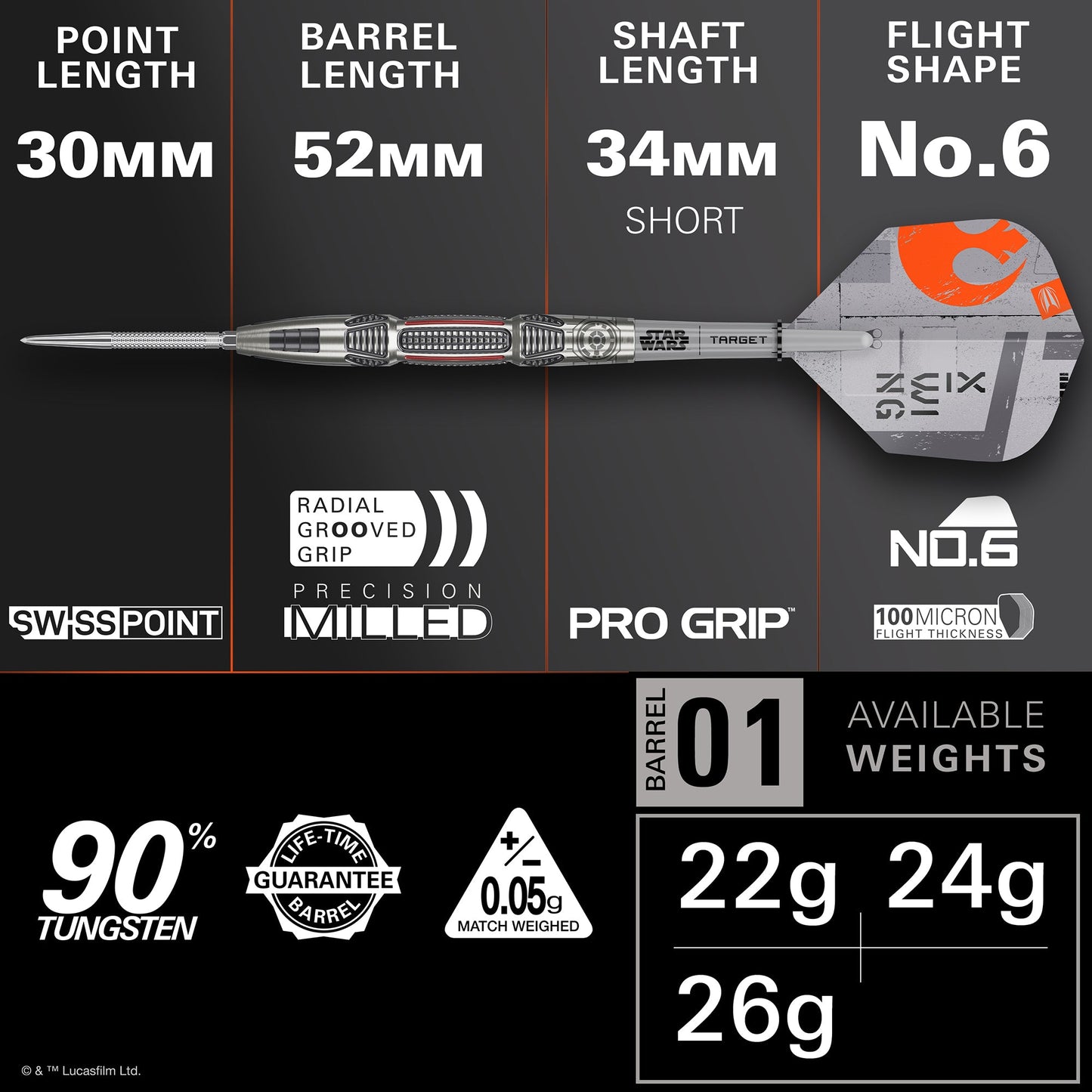 TARGET x STAR WARS - 24g - X WING - Steel Tip Swiss Point - 90% Tungsten Darts