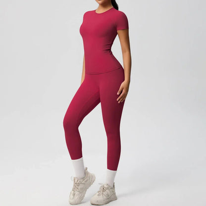 Skin-friendly Sports Set - European and American Style, Solid Color T-shirt, Stretchable Yoga Pants, High Waist Workout Suit for Women